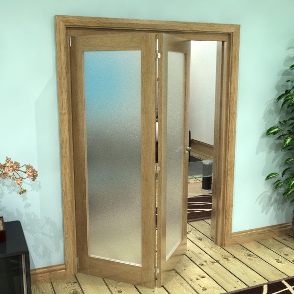 RGOPF1LF-20-762-OPEN Shaker Oak 1 lite Frosted Glazed 2 Door Roomfold Doorset - Image 1