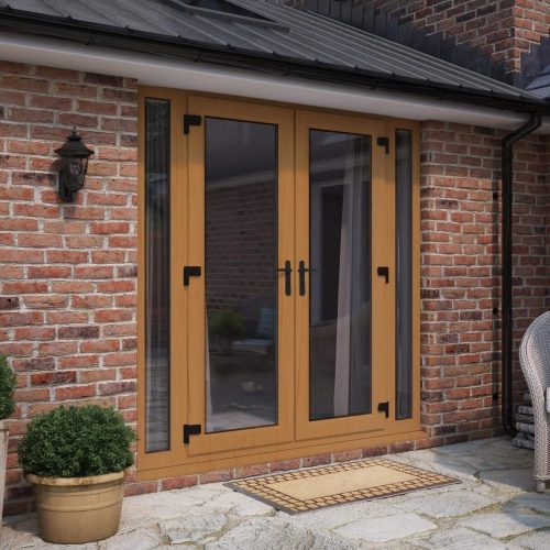 FDD2BNOBB_A 1800mm Premium Golden Oak / White UPVC French Door and 2 X 300mm Sidelite Combination - Image 1